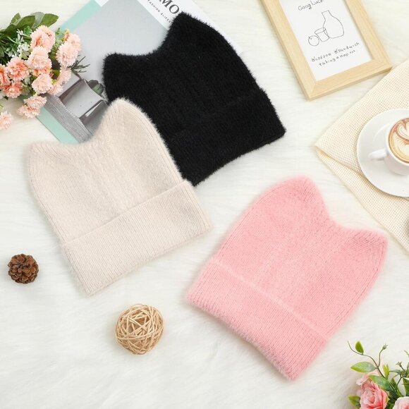 3 Pcs Winter Knit Cat Ear Beanie Hats Women Men Warm Casual Accessories